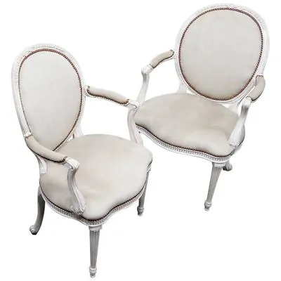 Beautiful Pair Oval Cameo Back French Painted Louis XVI Arm Dining Chairs C1940s • $985.50