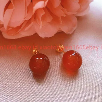 Natural Pretty 10mm Red Agate Gemstone Round Beads Stud Earring • $2.99