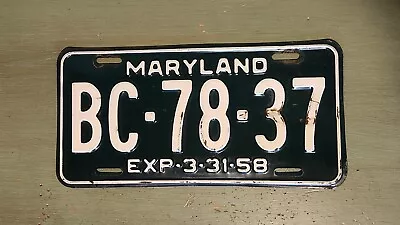 Vintage Maryland License Plate BC - 78 - 37 White On Green EXP 3-31-58 • $25