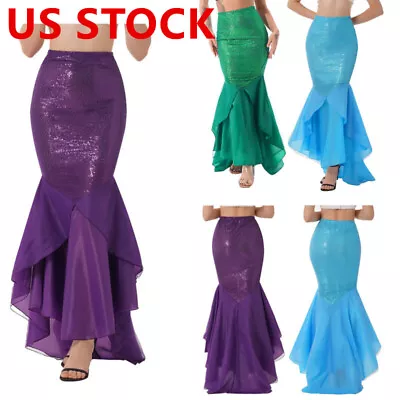 US Women's Sequin Mermaid Long Tail Skirt With Asymmetric Mesh Panel Maxi Skirts • $6.71