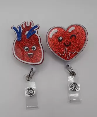 2 Pcs Nurse Medical Badge Holder Cute Retractable Badge Reel Glitter Hearts Red • $10.95