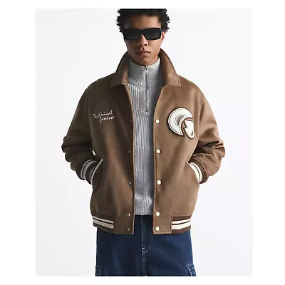 NEW Zara Varsity Jacket Mens Large Bomber Patches Faux Suede Brown • $74.99