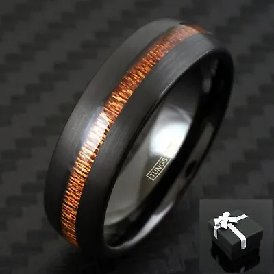 7mm Black Brushed Tungsten Men's Koa Wood Inlaid Wedding Band Ring Jewelry • $14.99