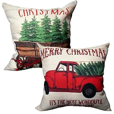 $19.02 • Buy Christmas Throw Pillow Covers 18x18 Inches Tree And Red Vintage Truck Farmhou...
