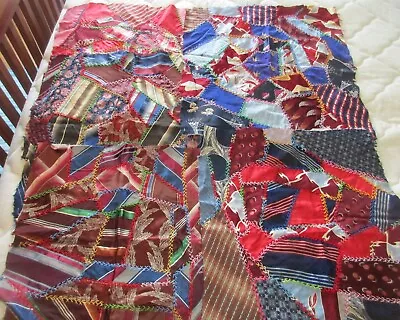 5 Large Vintage Handmade Crazy Quilt Squares W/ Turkey Stitch Tracks - Neck Ties • $39.99