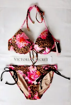 Victorias Secret Swim 2pc Set 34B Pushup FABULOUS/size S Side Tie Bikini Animal • $42.95