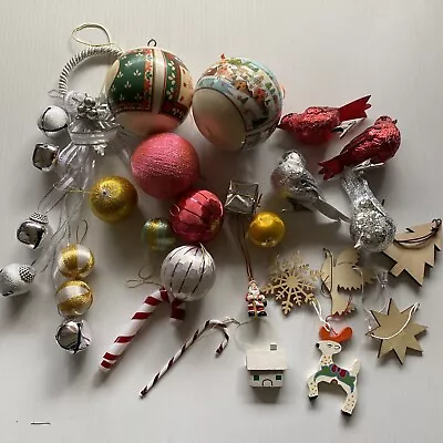 Vintage Retro Christmas Decorations Silk Bauble Japan Birds Wooden Lot • $25