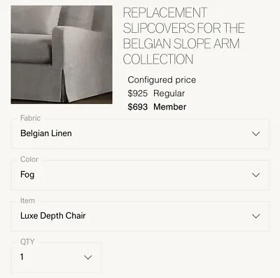 Restoration Hardware REPLACEMENT SLIPCOVER FOR THE BELGIAN SLOPE ARM (Chair) • $500