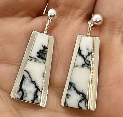 Navajo Inlay White Buffalo LTurquoise Stud Dangle Earrings Sterling Brenda Pete • $27.15