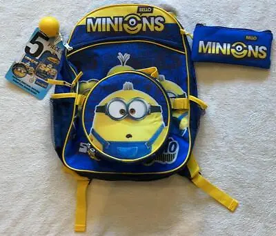 NWT Minions 16  Backpack Lunch Bag Cinch Sack Gadget Case And Squishy Dangle Set • $29.95