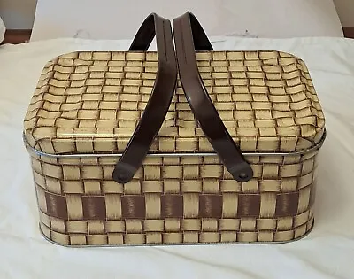 Vintage 50s Metal Picnic Basket 3D Weave Box Metal Tin Litho EXCELLENT CONDITION • $65