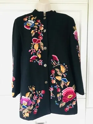 ALLURE Vintage Coat Sz M Wool Blend Black Amazing Floral Embroidery 5 Buttons • $35.99