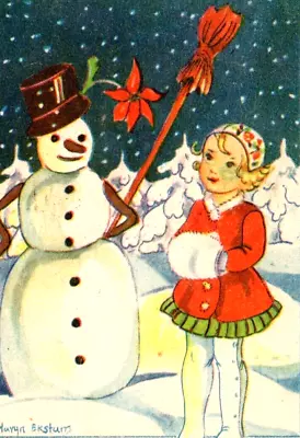 Margit Ekstam Christmas Snowman With Lovely Young Girl Small Format Postcard • $34.99