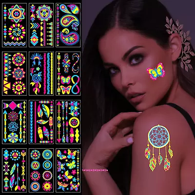 £7.74 • Buy 10 Sheets Neon Face Paints Glow In Dark Temporary Tattoos For Kids Women Face