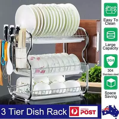 Dish Rack 3 Tier Cutlery Drying Drainer Plate Cup Holder Kitchen Storage Tray Oz • $28.99