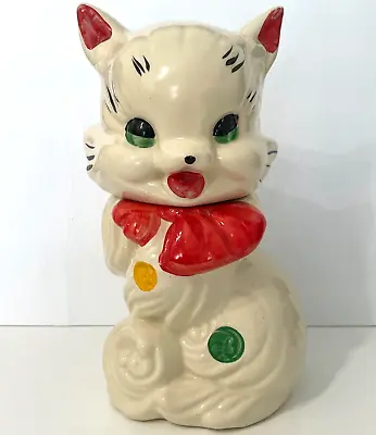 American Bisque Cookie Jar 11.5  Fluffy Cat Red Bow Polka Dots #131A VTG 50s JCS • $59.99