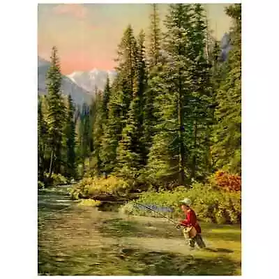 Vintage Print EMBOSSED Man Fly Fishing River Mountain Forest ~7.5x10  AC9 • $19.50