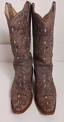 Corral Vintage Brown Crater Bone Inlay & Studs Women 6 M Western Boots Cowgirl • $50