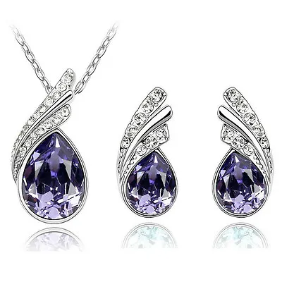 £6.29 • Buy Women Jewellery Set Deep Purple Crystal Wings Studs Earrings Necklace S225