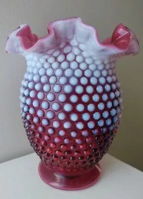 Fenton Hobnail Cranberry Opalescent Crimped Glass Vase 8  Vintage  • $39.99