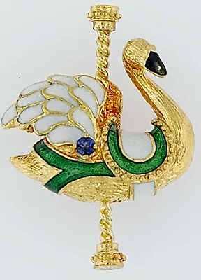 Igor Carl Faberge Solid14K Yellow Gold & Enamel Carousel SWAN Pin Brooch 1979 • $749