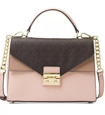 New Michael Kors Sloan Medium Top Handle Satchel Bag Gold Mix Leather Soft Pink • $161.49