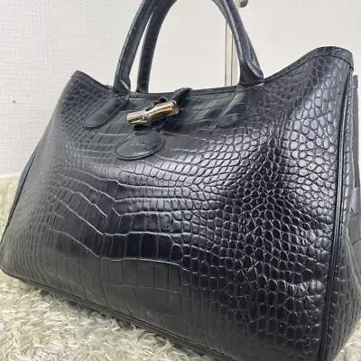 LONGCHAMP Roseau Black Leather Tote Bag Hand Bag Croco Auth • $129