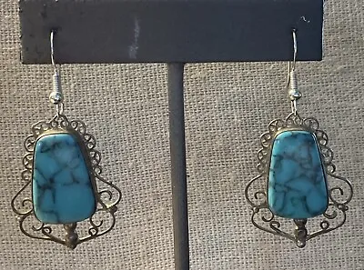 Sterling Silver Turquoise Filigree Design Earrings Hook Vintage Mexico • $35.99