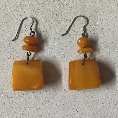 VTG Sterling Silver Butterscoth Baltic Amber Dangle Earrings • $29