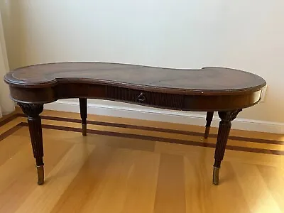 Kidney Coffee Table With Carved Legs Drawer Leather Inlays • $680