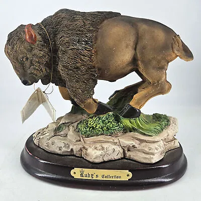 Vintage Alabaster Sculptures Hand Painted Buffalo Bison Figurine On Wood Base • $44