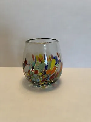 Hand Blown (1) Wine Glass Stemless Weighted Multi Color Confetti Design • $16