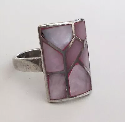 Antique Vintage Large Pink Abalone Mosaic 925 Sterling Silver Size 7 Estate Ring • $33.95