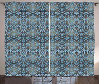 Brown And Blue Curtains Damask Motifs • £39.99