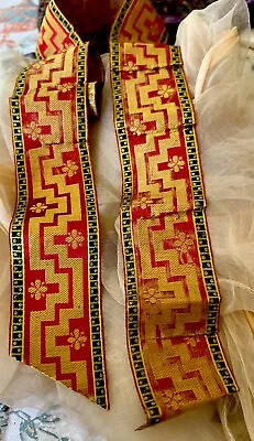 Antique Victorian French Pure Silk Greek Key Flower Ribbon Trim Patina Red Gold • $19.90