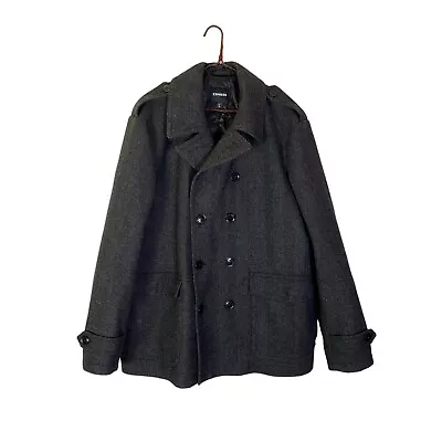 Express Mens Black Gray Herringbone Wool Classic Pea Coat Overcoat EUC XLarge • $42