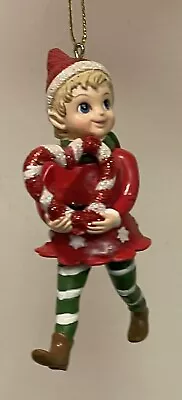 $15.88 • Buy Mini Little Vintage Look Elf Holding Candy Cane Heart Christmas Ornament 3”
