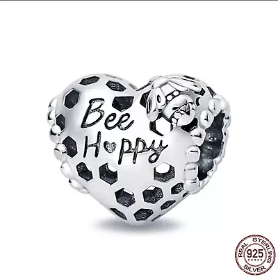 Genuine 925 Sterling Silver ‘Bee Happy’ Heart Charm 🐝❤️+ FREE Jewellery Bag! • £12.50