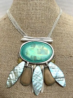 Chicos Abalone Necklace Wood Stone Silver Tone Aqua Boho Summer New With Tag NWT • $14.99