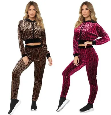 Womens Ladies Tracksuit Velour Designer Velvet Set 2 Piece Hoody Casual Glamour • £19.59