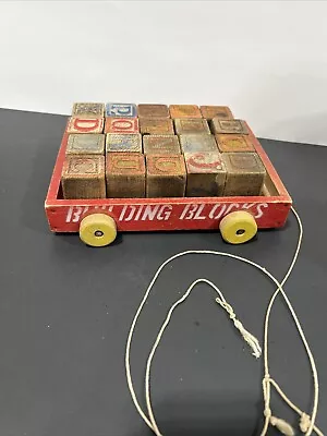 Vtg Building Blocks With Letters PicsNumbers And Vtg Working Wood Red Wagon • $13.29