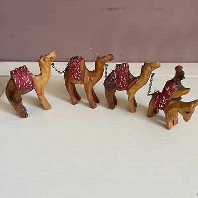 Carved Wood  3 Camels Donkey Wide Man Figurines  Vintage Chained • $16