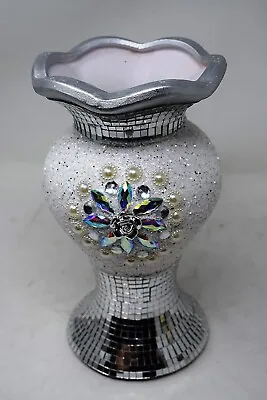 £18.99 • Buy Crushed Diamond Silver Sparkle Mirrored Flower Vase With Floral Design