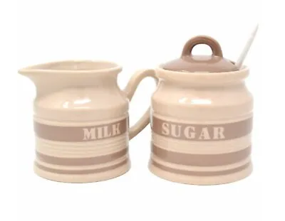 2Pc Milk Jug Sugar Pot With Spoon Cream Kitchen Serving Ceramic Pot Canister Set • £10.95
