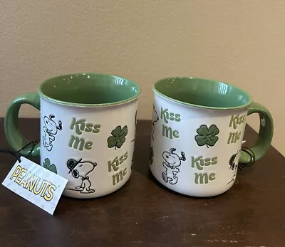 Set Of 2 Peanuts Snoopy St Patrick's Day Mugs New Clover Kiss Me • $35.14