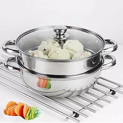 Steamer Pot Stainless Steel 2 Tier - 28cm Steamer Pot W/Glass Lid • $38.54