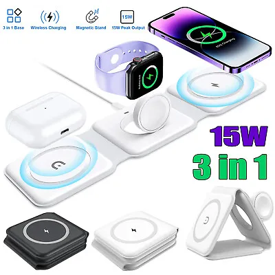 3 In1 Foldable 15W Magnetic Wireless Charger Pad For Apple Watch Air Pods IPhone • £12.98