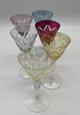 $49 • Buy Set Of 6 Blue Yellow Ruby Cut To Clear Crystal 6-1/2” 4oz Sherry Wine Glasses