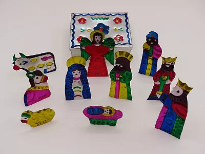 Christmas Nativity Set Mexico Colorful Painted Tin Metal 11 Piece Teal Pink 5  • $11.99