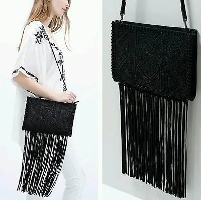 Zara Fringe Beaded Clutch Black Suede Ref. 4141/004 NWT! • $85.99